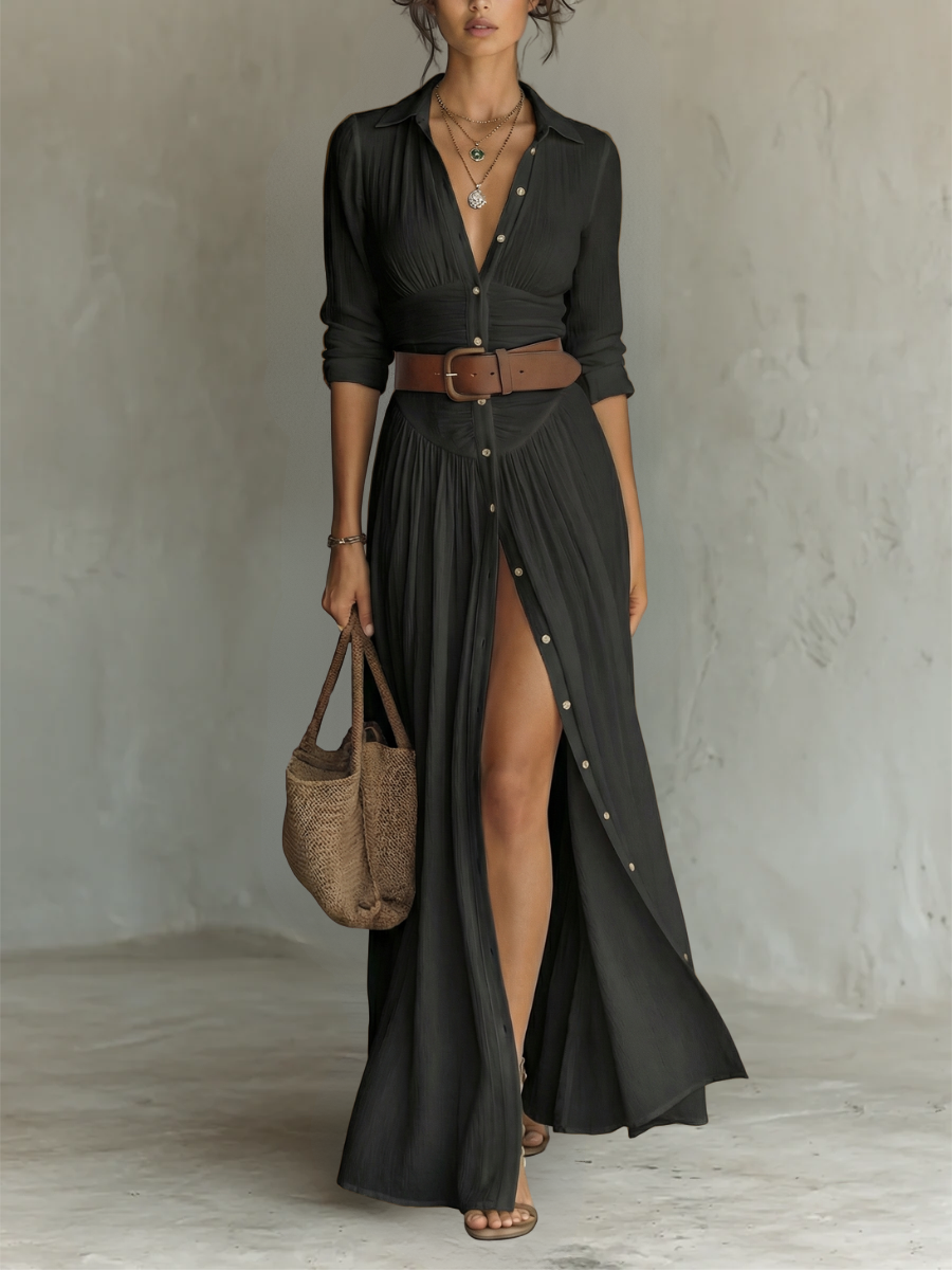 Maxi Dress with Pleats and Long Sleeves for Women