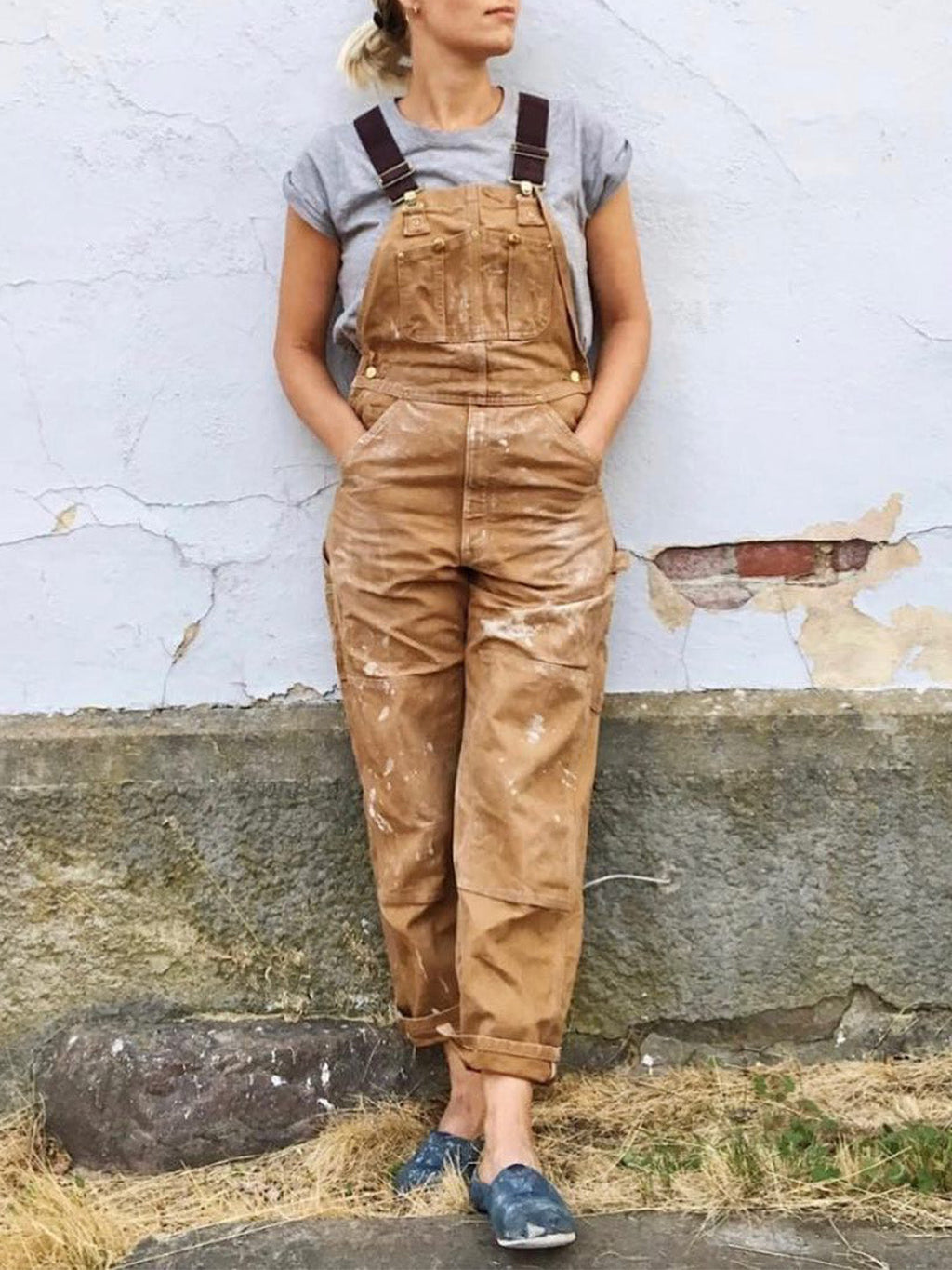 Loose Cotton Jumpsuit with Pockets and Straps for Women