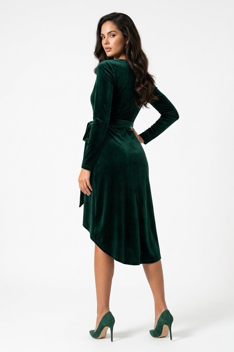 Velvet Wrap Midi Dress with Long Sleeves and Tie Waist for Women