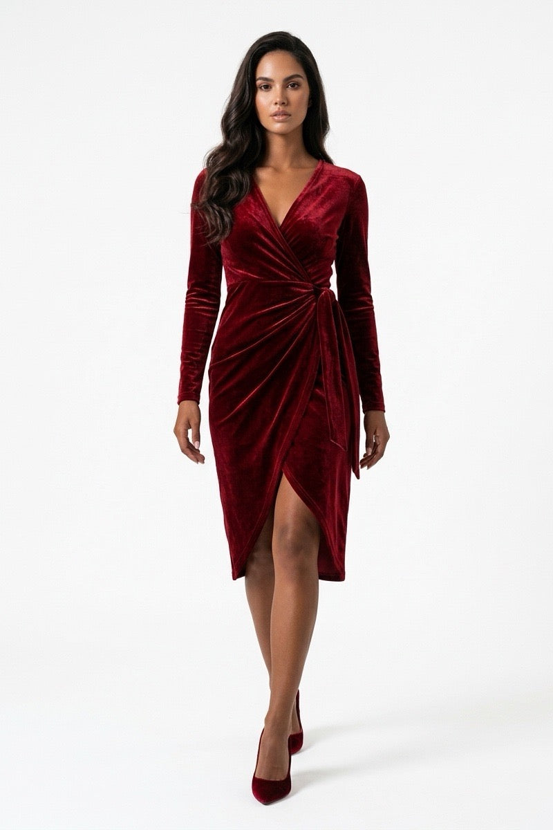 Velvet Wrap Midi Dress with Long Sleeves and Tie Waist for Women