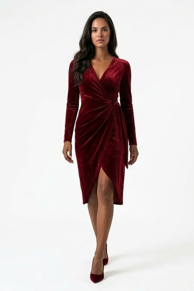 Velvet Wrap Midi Dress with Long Sleeves and Tie Waist for Women