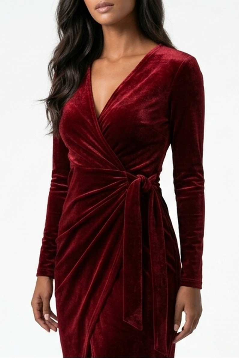 Velvet Wrap Midi Dress with Long Sleeves and Tie Waist for Women