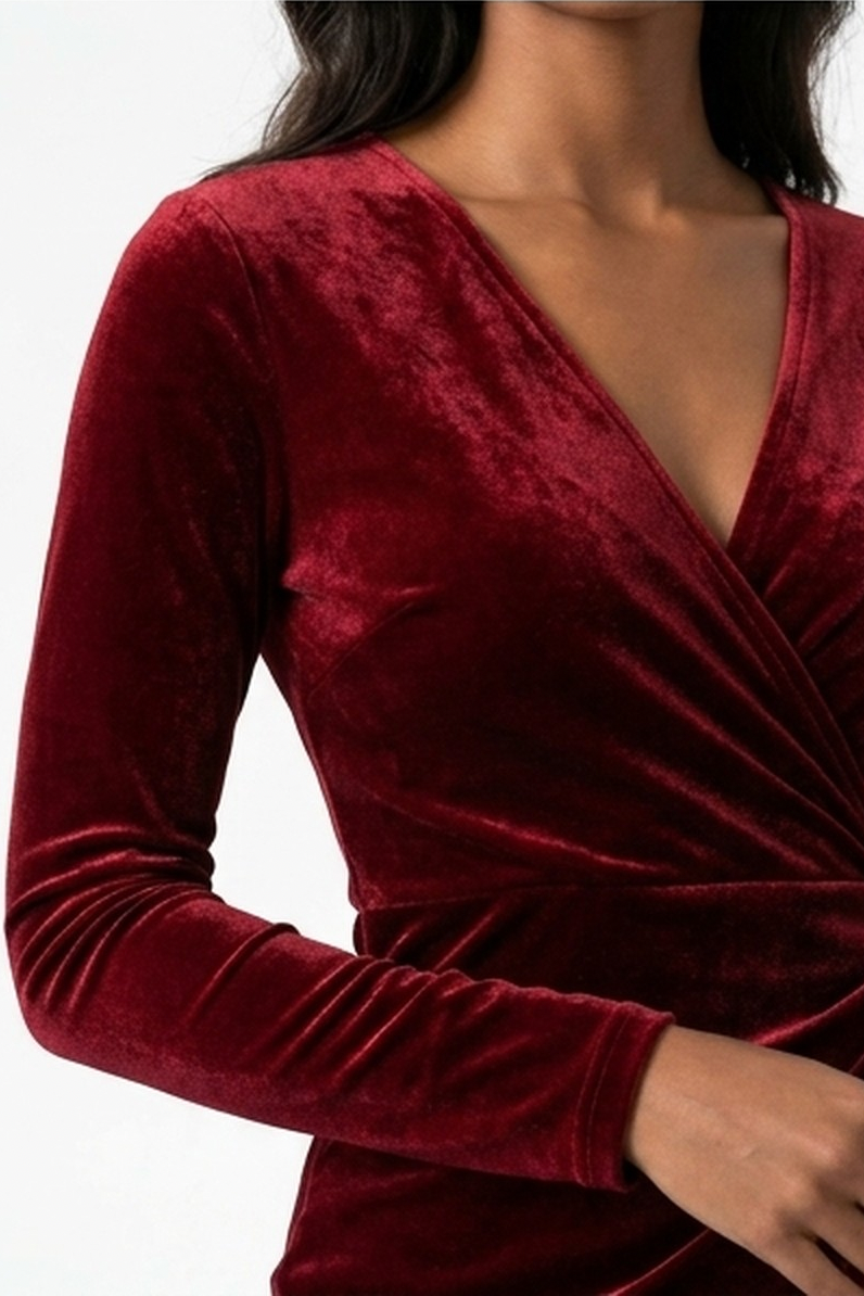 Velvet Wrap Midi Dress with Long Sleeves and Tie Waist for Women