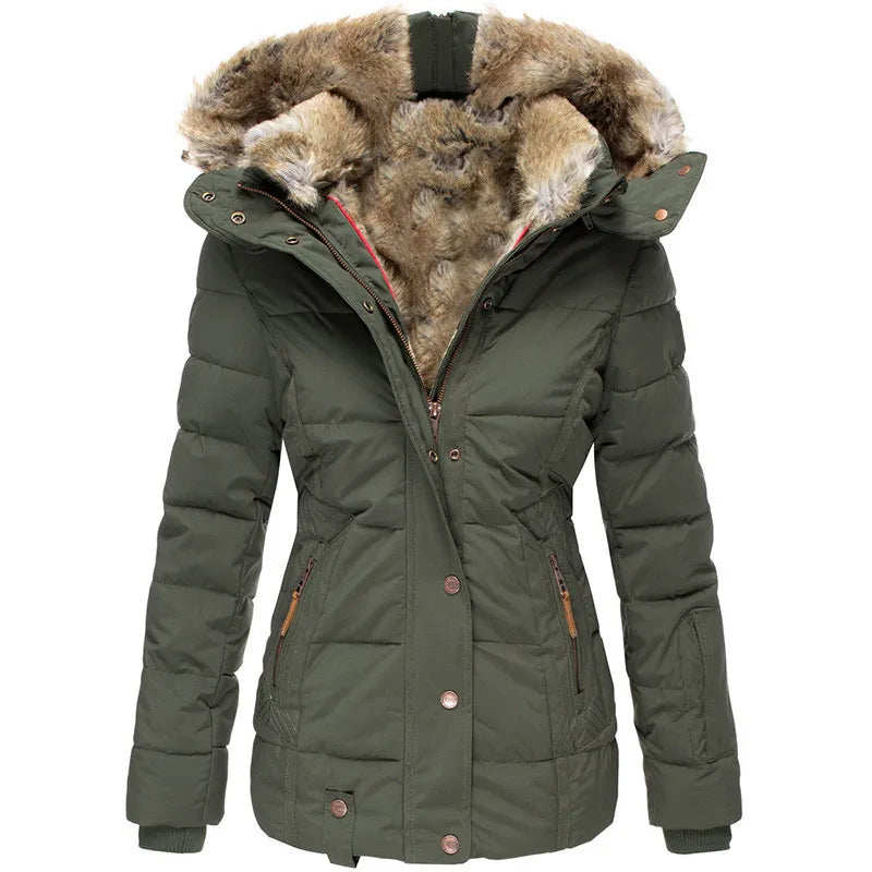 Women's Padded Jacket with Hood and Synthetic Trim Details