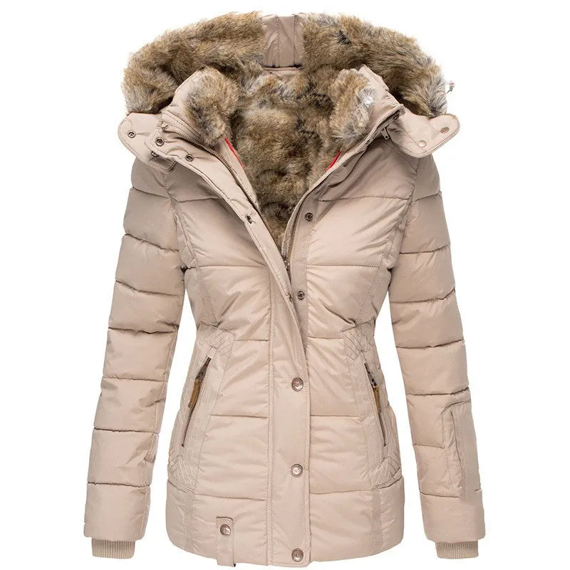 Women's Padded Jacket with Hood and Synthetic Trim Details