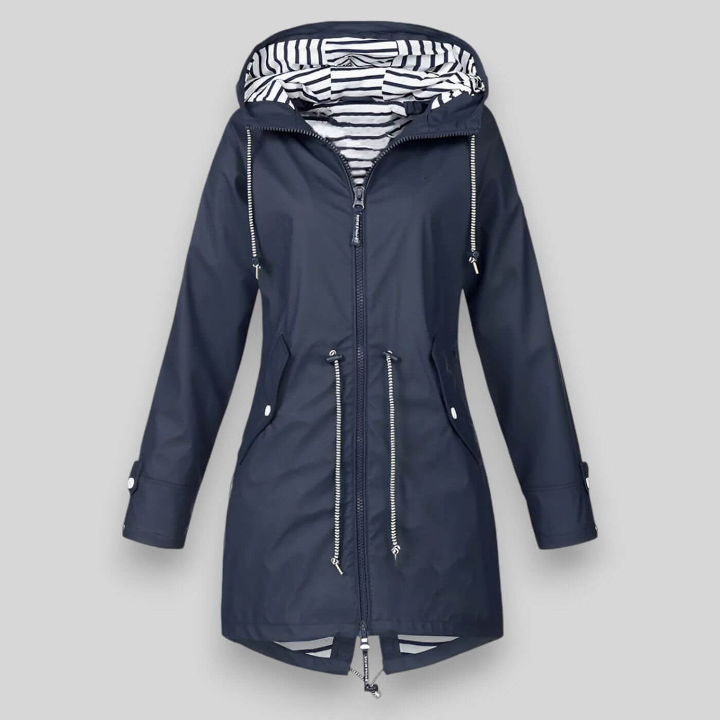 Women's Hooded Jacket with Adjustable Waist and Zipper Pockets