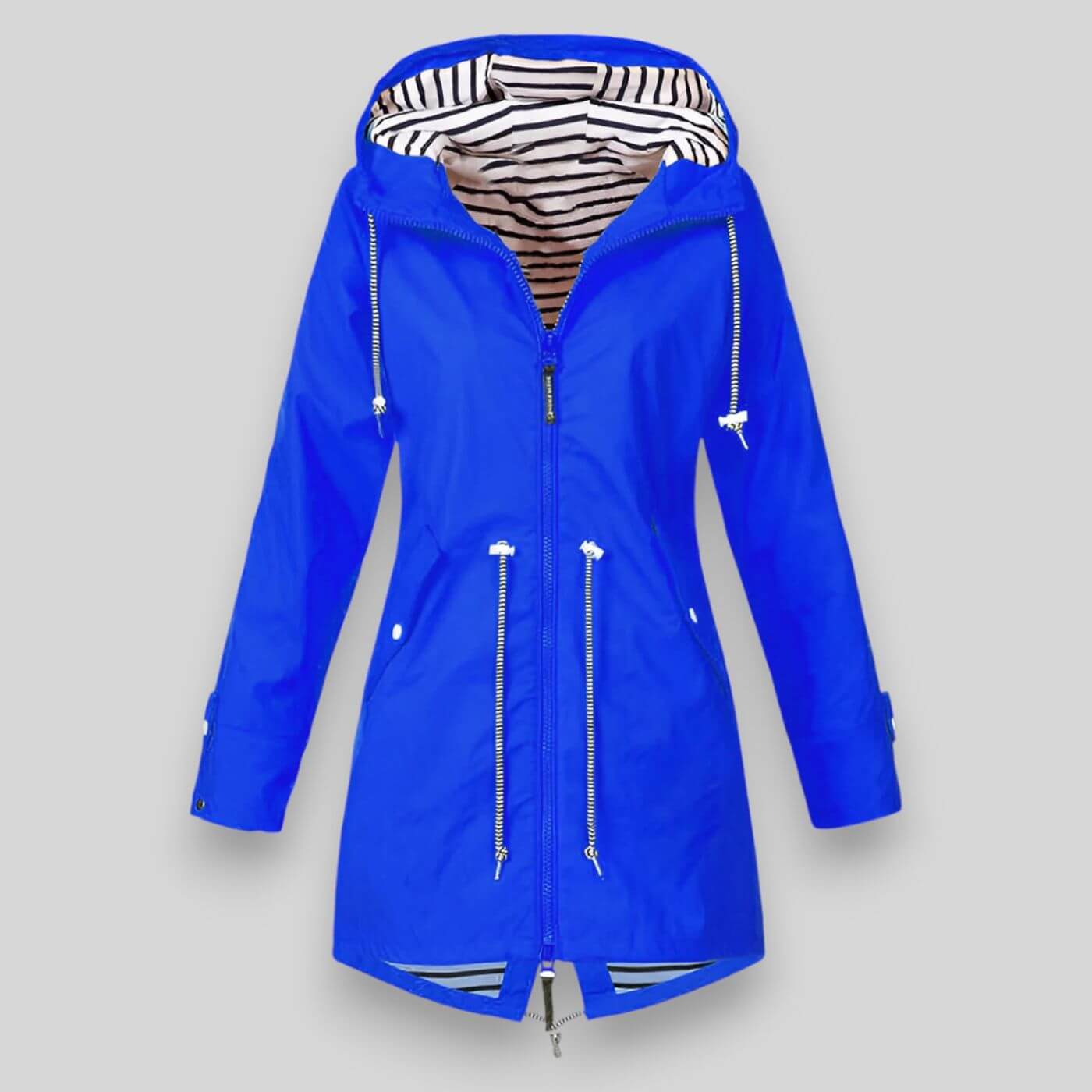 Women's Hooded Jacket with Adjustable Waist and Zipper Pockets