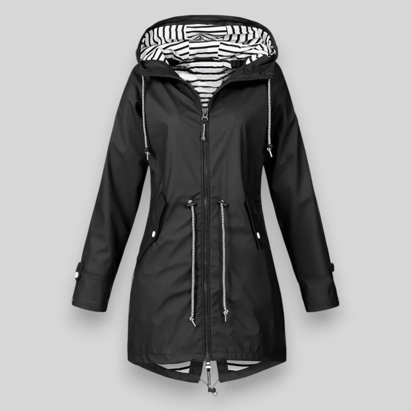 Women's Hooded Jacket with Adjustable Waist and Zipper Pockets