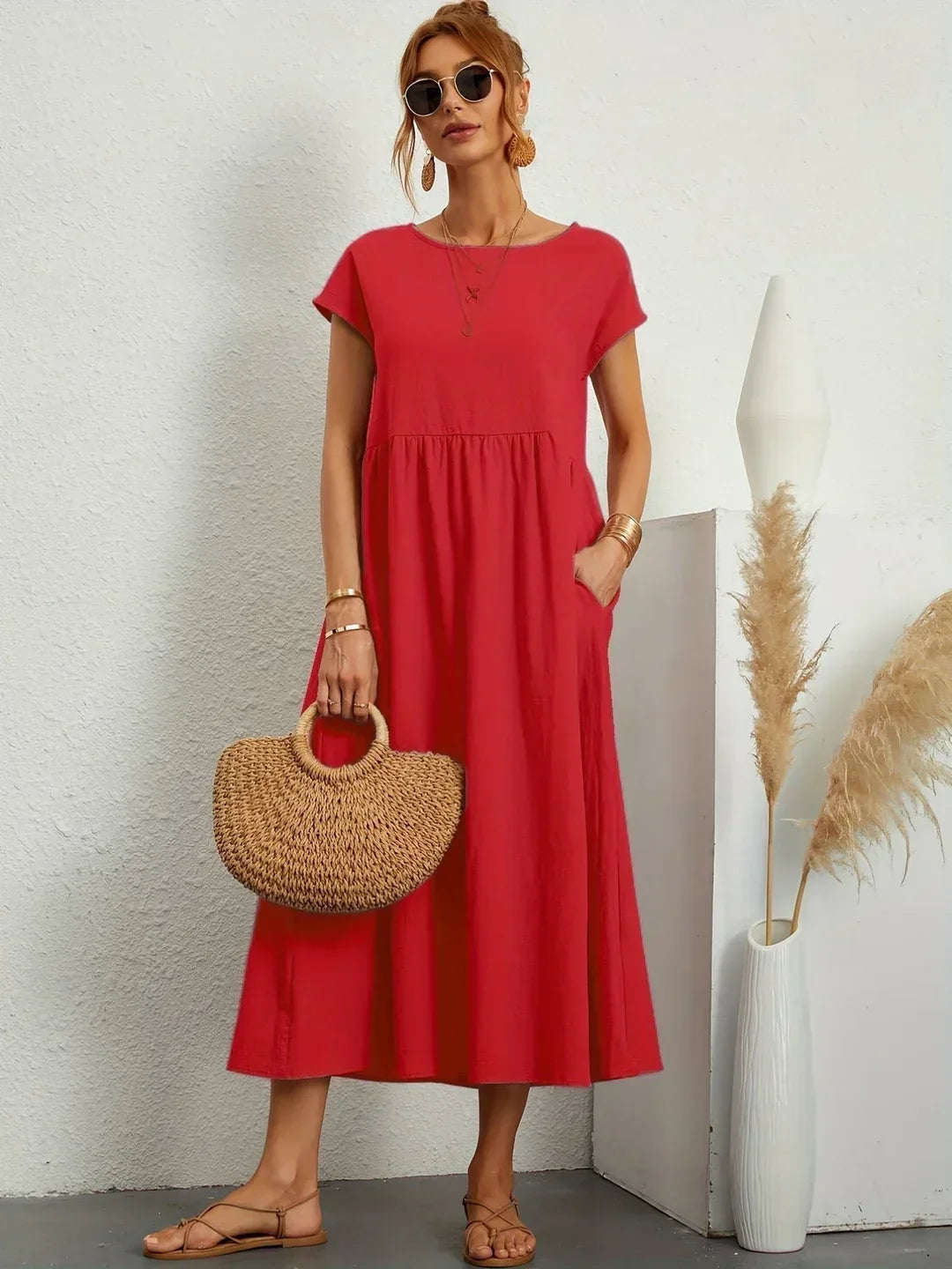 Short Sleeve Casual Dress with Pockets for Women