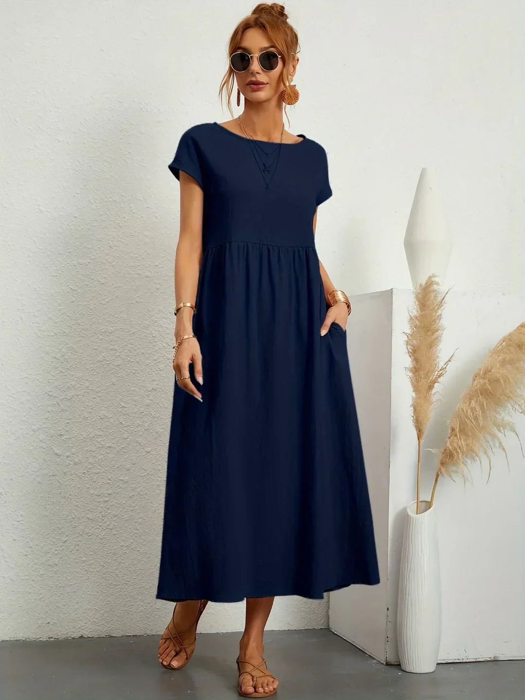 Short Sleeve Casual Dress with Pockets for Women