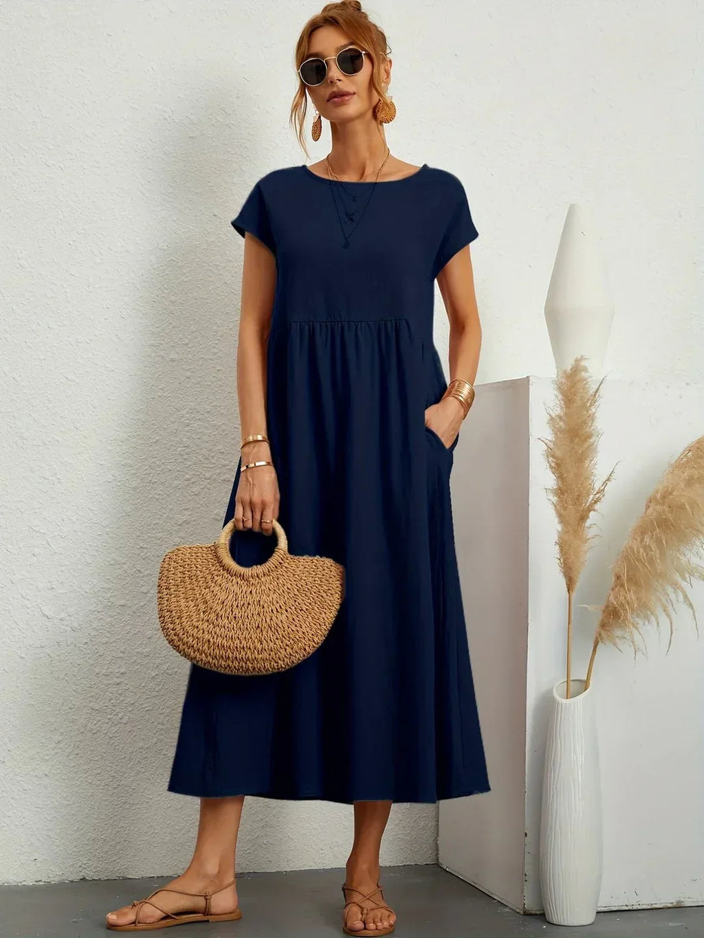 Short Sleeve Casual Dress with Pockets for Women