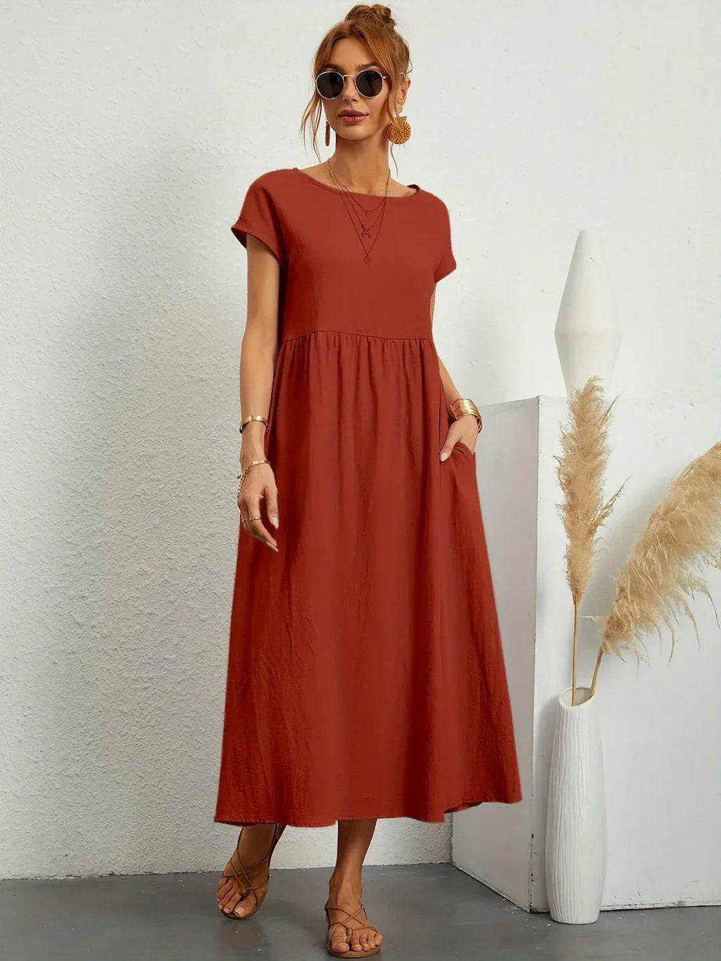 Short Sleeve Casual Dress with Pockets for Women