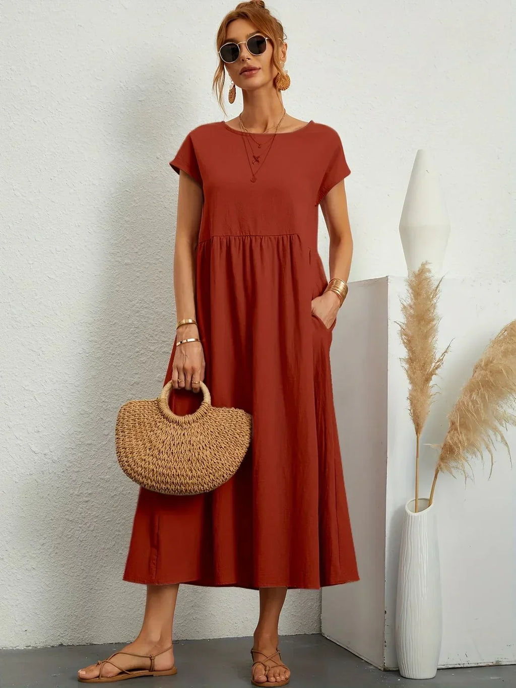 Short Sleeve Casual Dress with Pockets for Women
