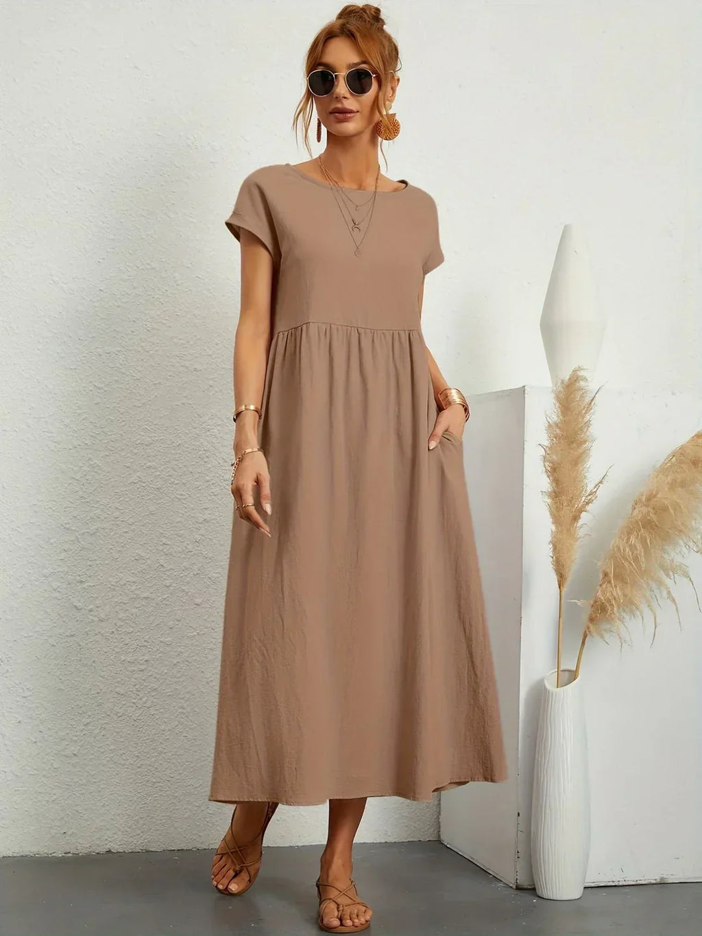 Short Sleeve Casual Dress with Pockets for Women