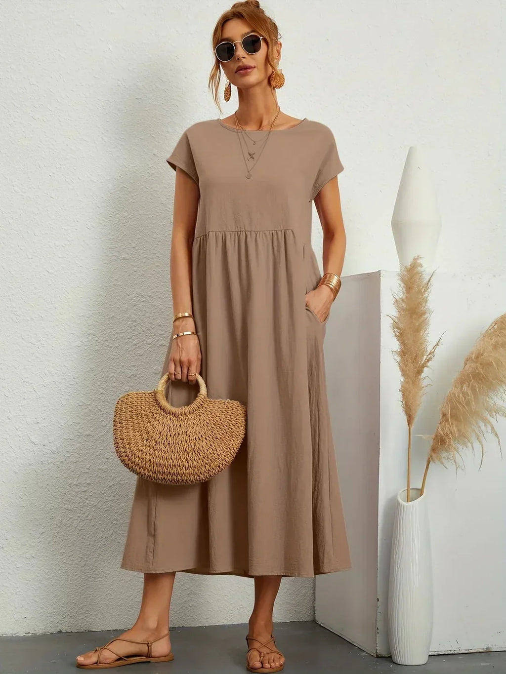 Short Sleeve Casual Dress with Pockets for Women