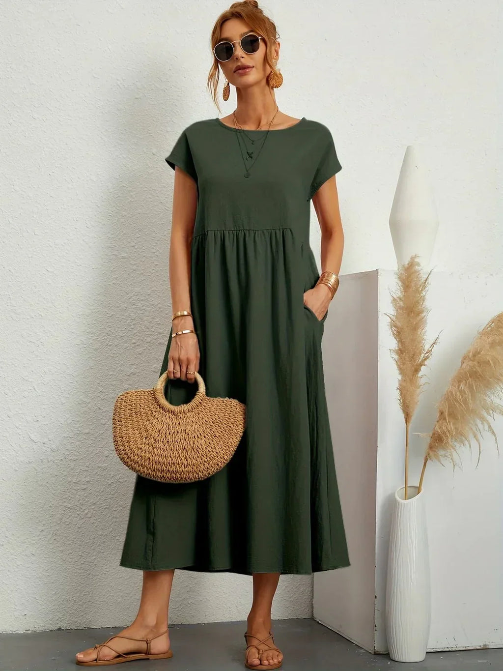 Short Sleeve Casual Dress with Pockets for Women