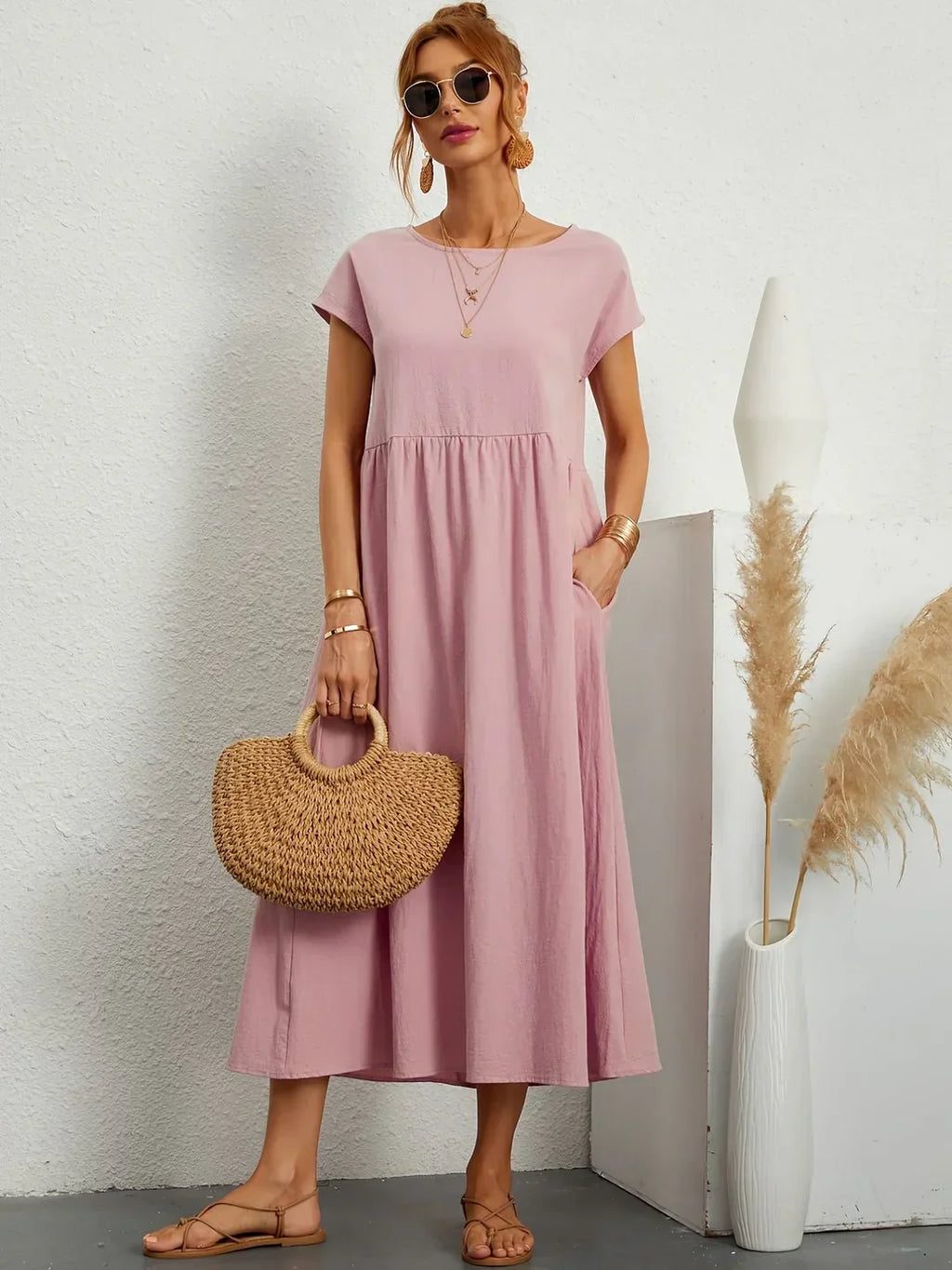 Short Sleeve Casual Dress with Pockets for Women