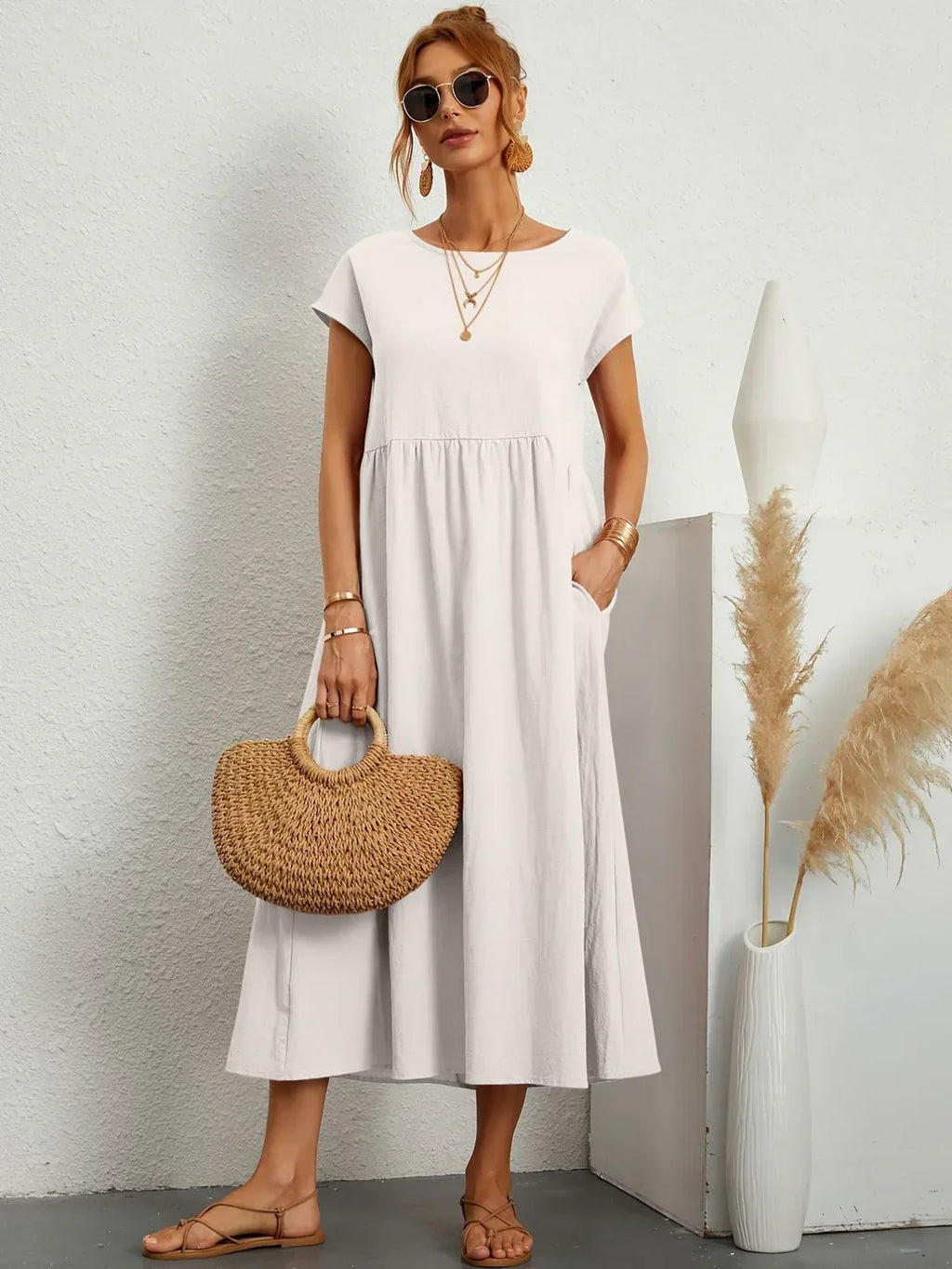 Short Sleeve Casual Dress with Pockets for Women