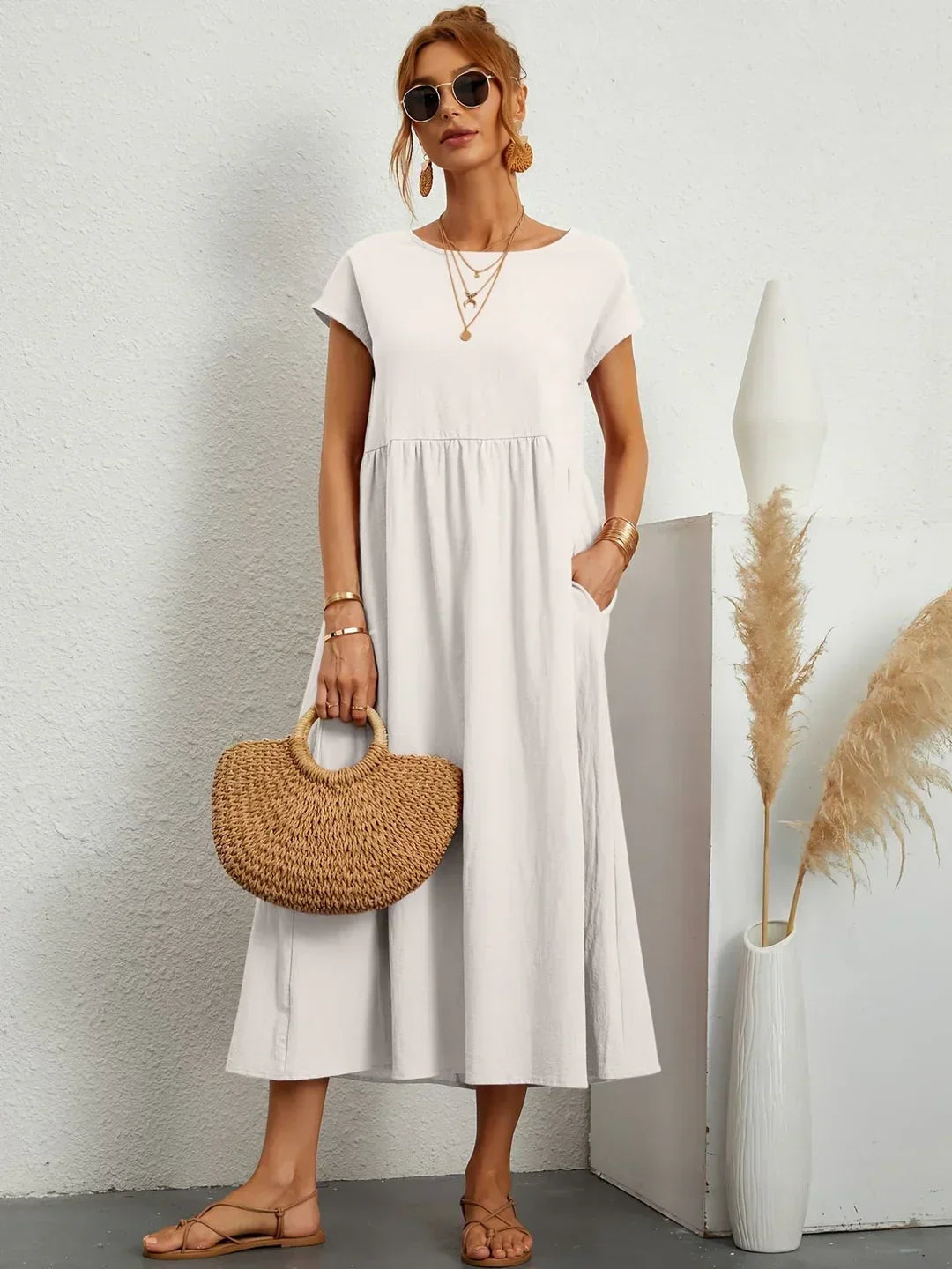Short Sleeve Casual Dress with Pockets for Women