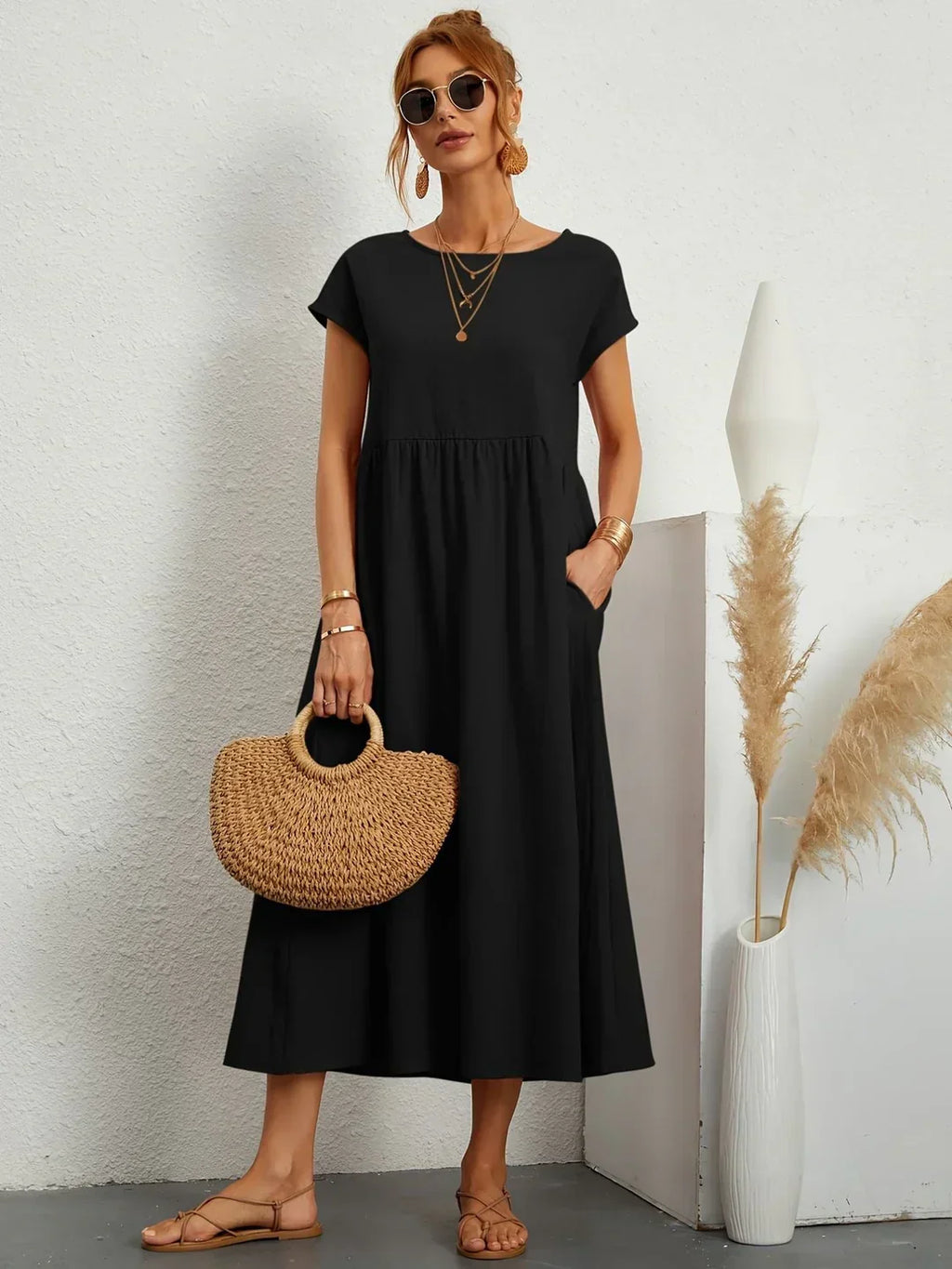 Short Sleeve Casual Dress with Pockets for Women