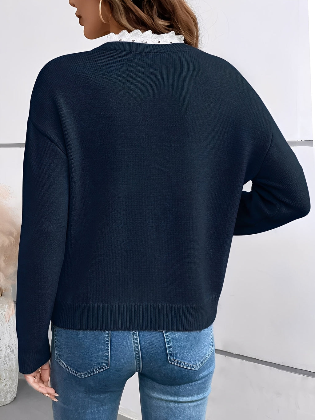 Women's V-Neck Lace Knit Sweater