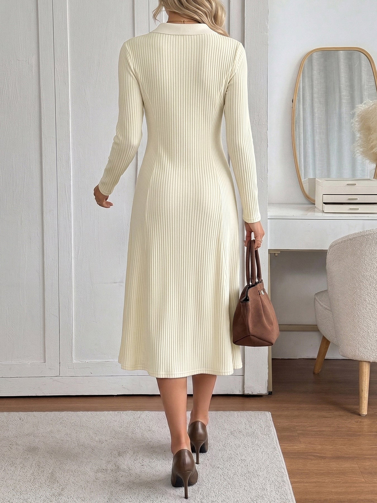 Long Sleeve Ribbed Knit A Line Midi Dress with Polo Collar for Women