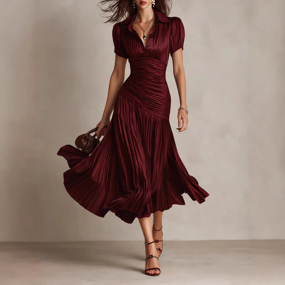 Satin Striped Pleated Midi Dress with Collared V Neck for Women