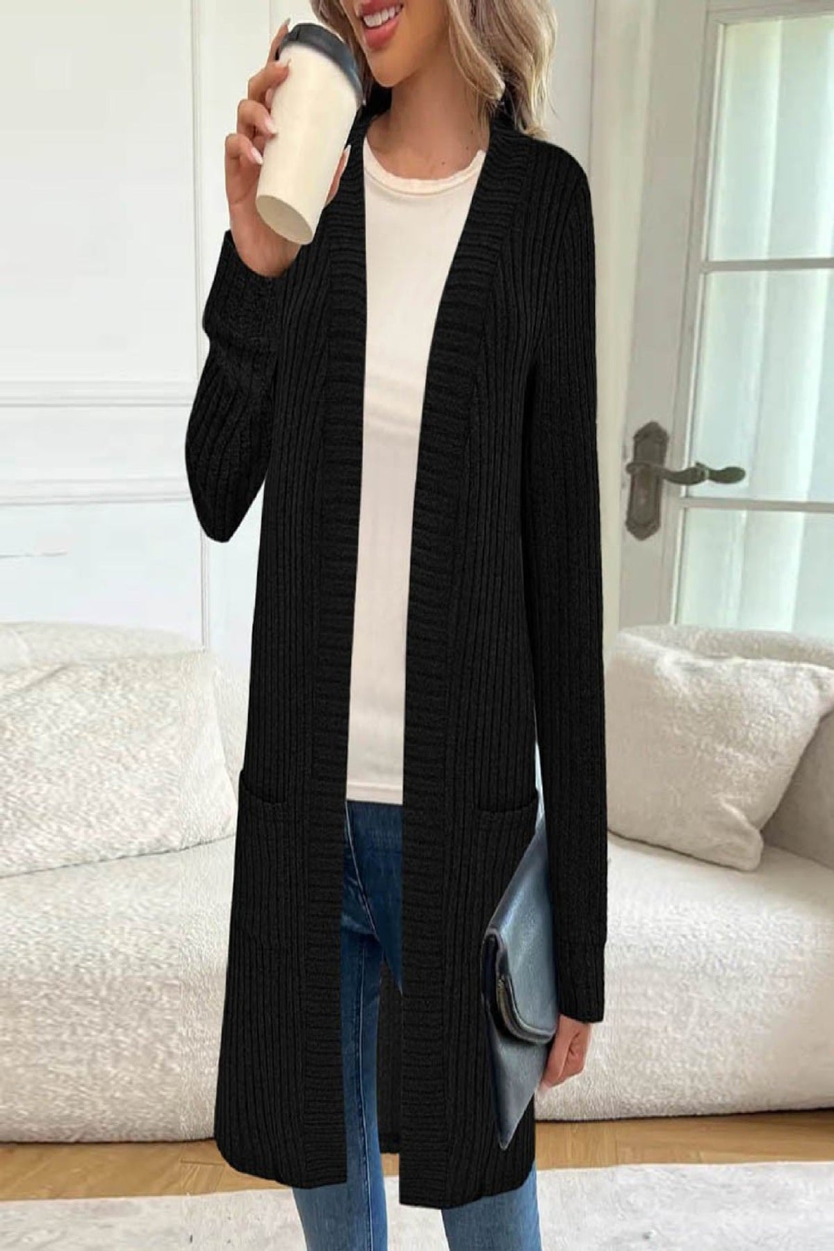 Chunky Knit Long Open Front Cardigan with Pockets for Women