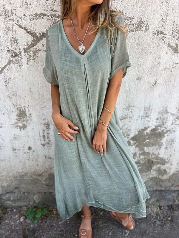 Linen and Cotton Dress with V-Neck for Women