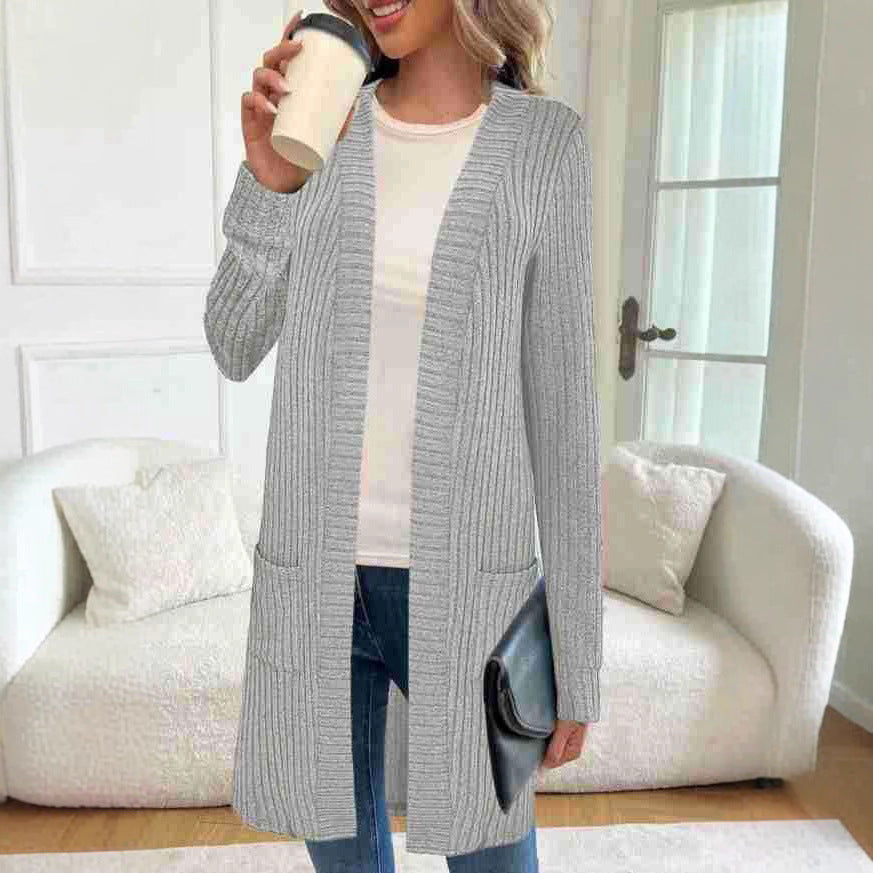 Chunky Knit Long Open Front Cardigan with Pockets for Women