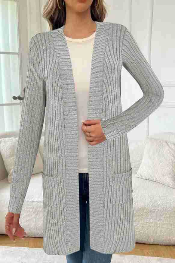 Chunky Knit Long Open Front Cardigan with Pockets for Women