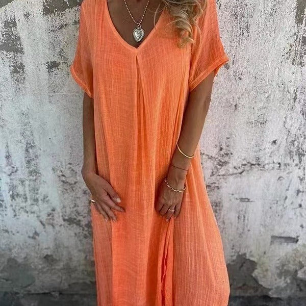 Linen and Cotton Dress with V-Neck for Women