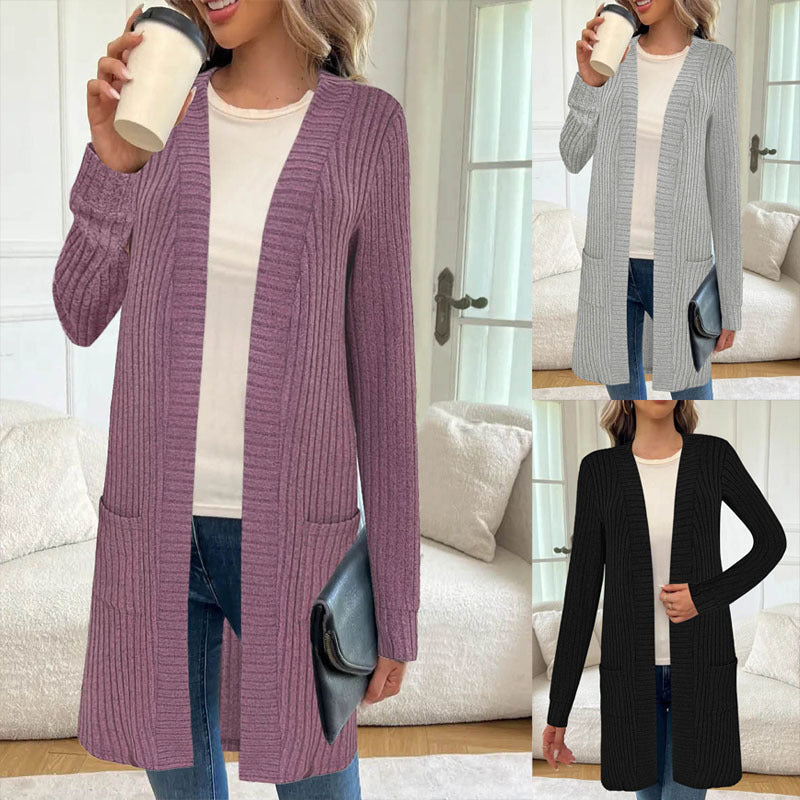 Chunky Knit Long Open Front Cardigan with Pockets for Women