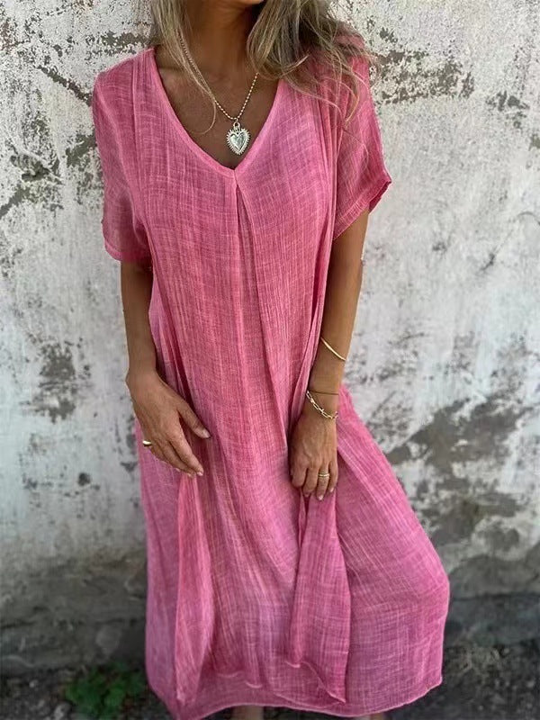 Linen and Cotton Dress with V-Neck for Women