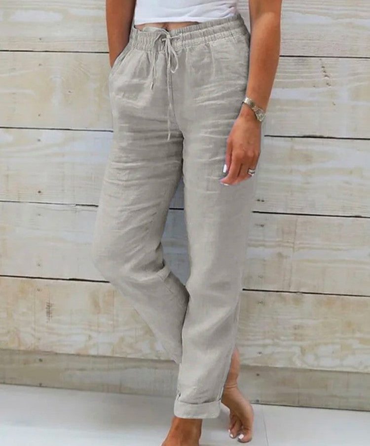 Wide-Leg Linen Pants for Women with Elastic Waist