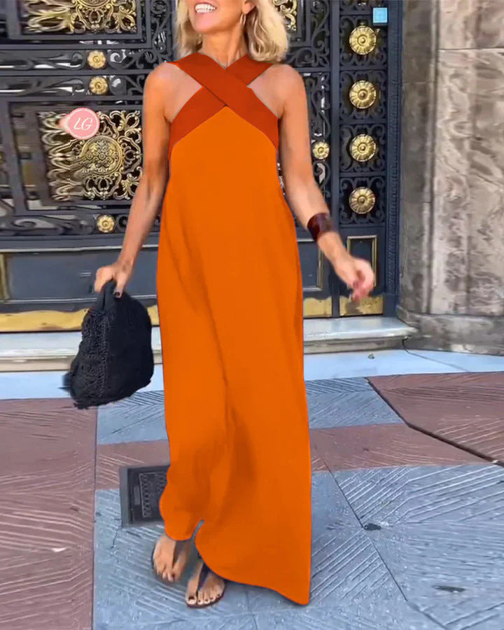 Long Sleeveless Dress with Crossed Straps for Women