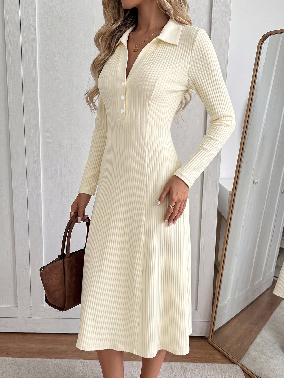 Long Sleeve Ribbed Knit A Line Midi Dress with Polo Collar for Women
