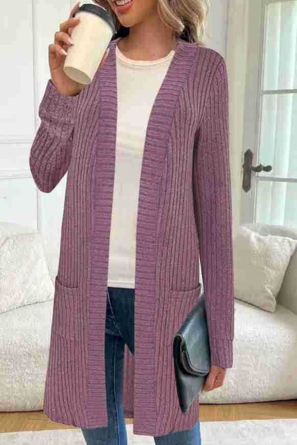 Chunky Knit Long Open Front Cardigan with Pockets for Women