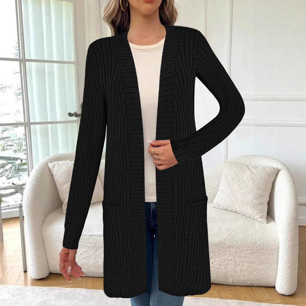 Chunky Knit Long Open Front Cardigan with Pockets for Women