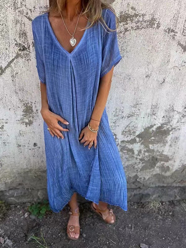 Linen and Cotton Dress with V-Neck for Women