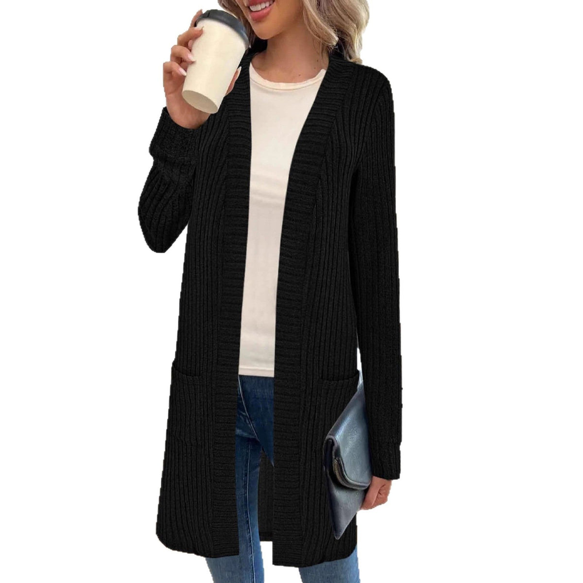 Chunky Knit Long Open Front Cardigan with Pockets for Women