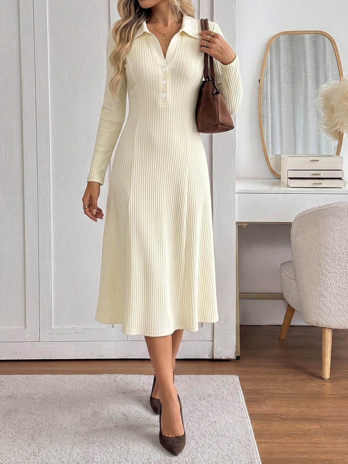 Long Sleeve Ribbed Knit A Line Midi Dress with Polo Collar for Women