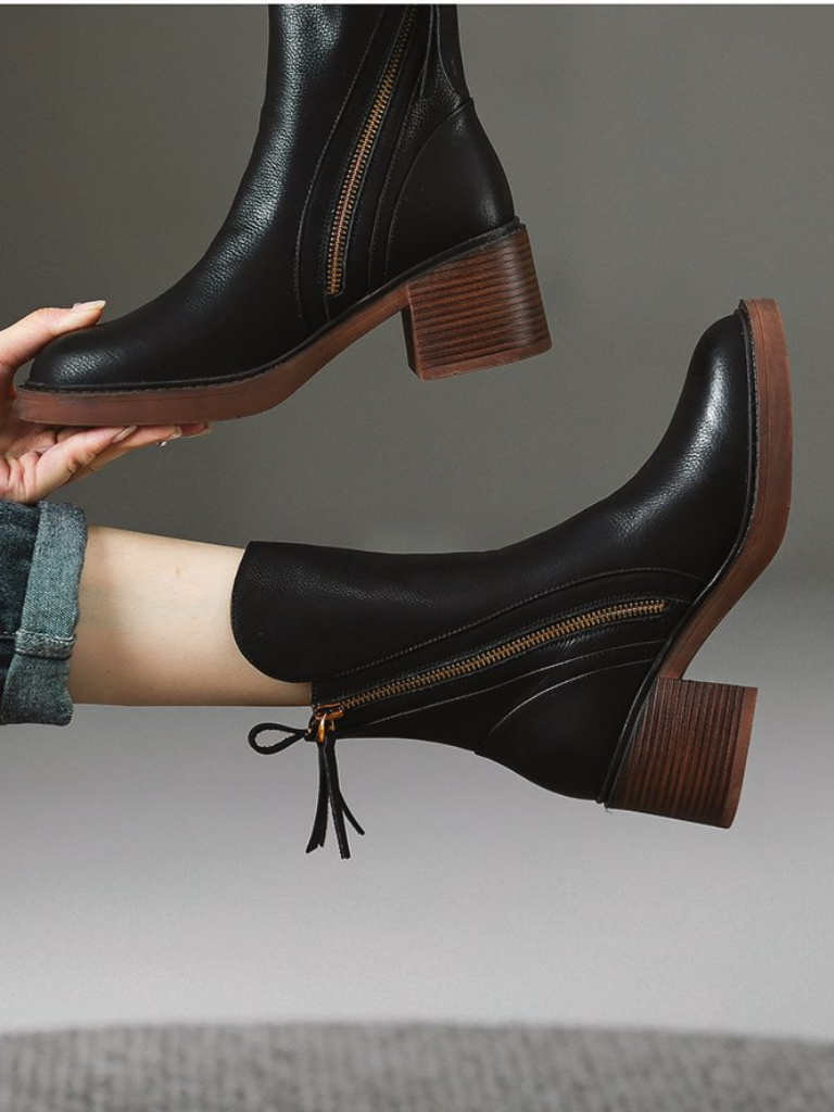 Block Heel Faux Leather Ankle Boots with Side Zipper for Women