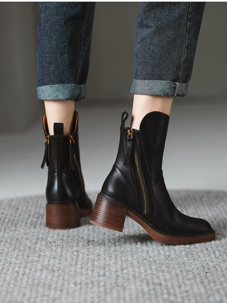 Block Heel Faux Leather Ankle Boots with Side Zipper for Women