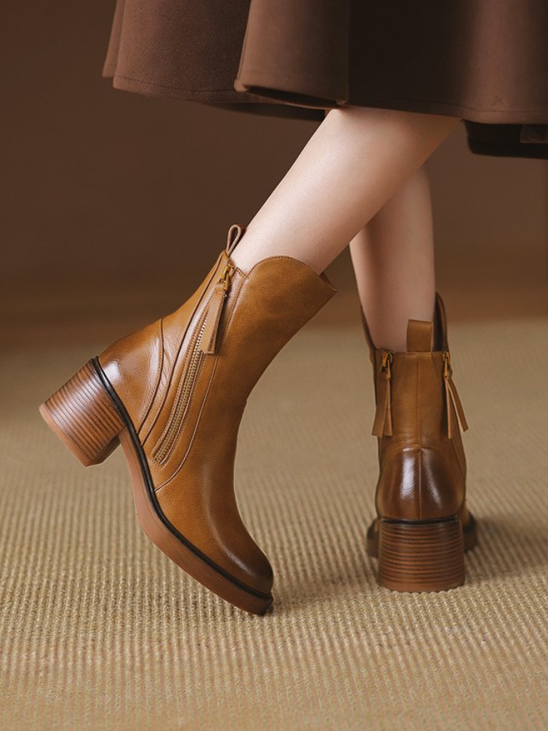 Block Heel Faux Leather Ankle Boots with Side Zipper for Women