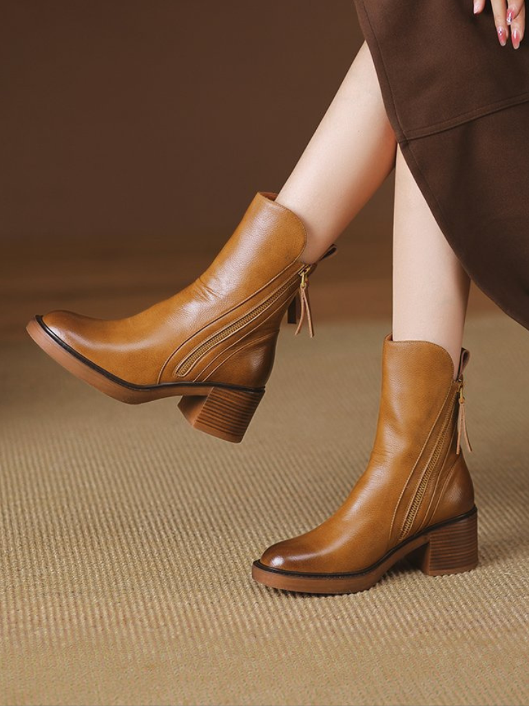 Block Heel Faux Leather Ankle Boots with Side Zipper for Women