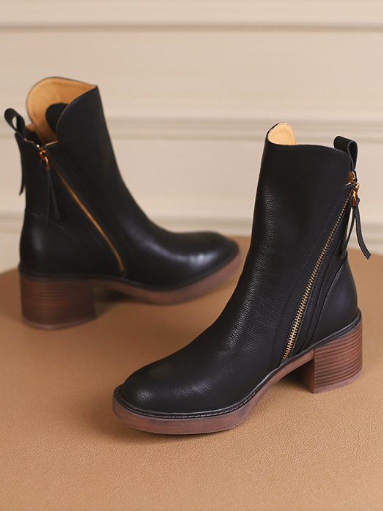 Block Heel Faux Leather Ankle Boots with Side Zipper for Women