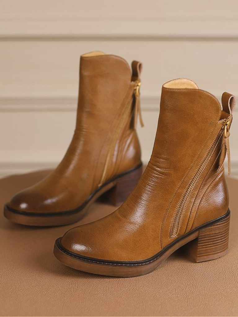 Block Heel Faux Leather Ankle Boots with Side Zipper for Women