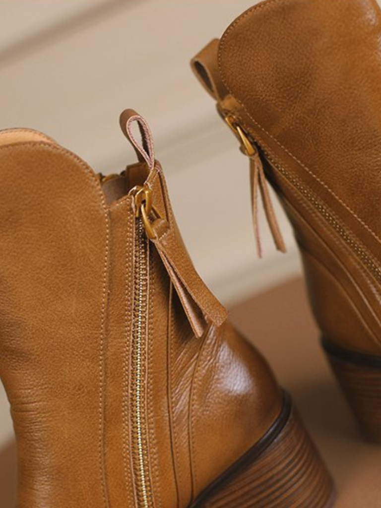 Block Heel Faux Leather Ankle Boots with Side Zipper for Women