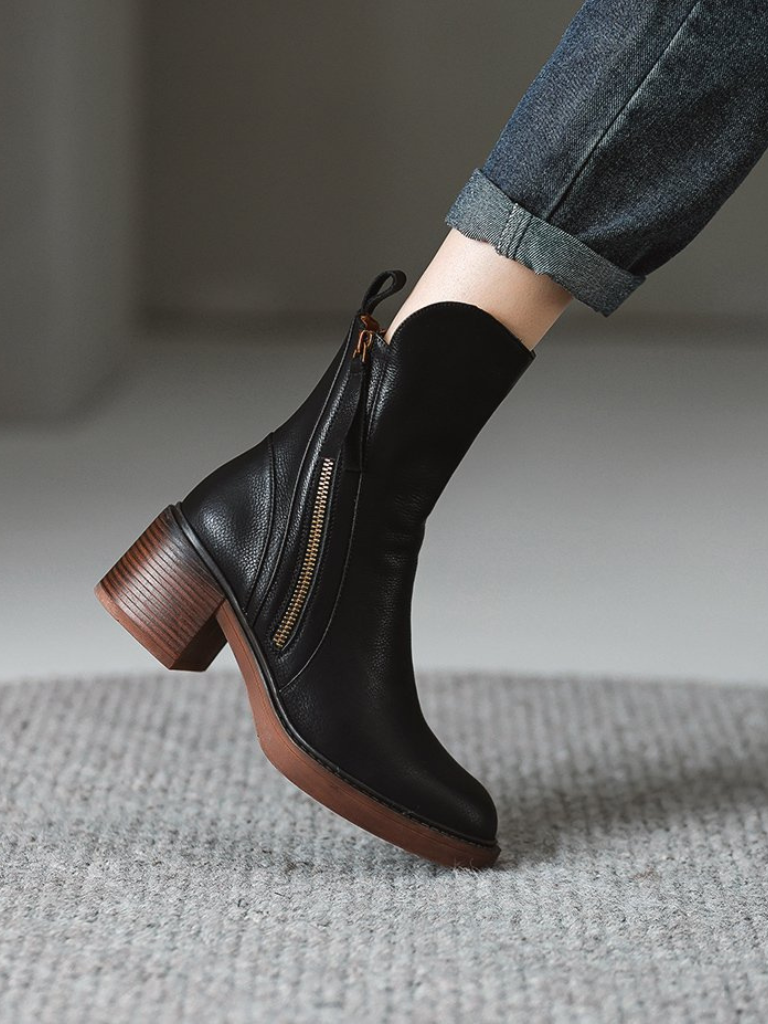 Block Heel Faux Leather Ankle Boots with Side Zipper for Women